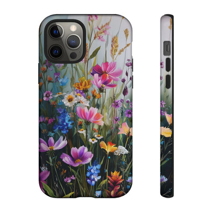 Impressionist style oil painting floral phone case featuring a dense garden of cosmos and lavender-colored wildflowers.