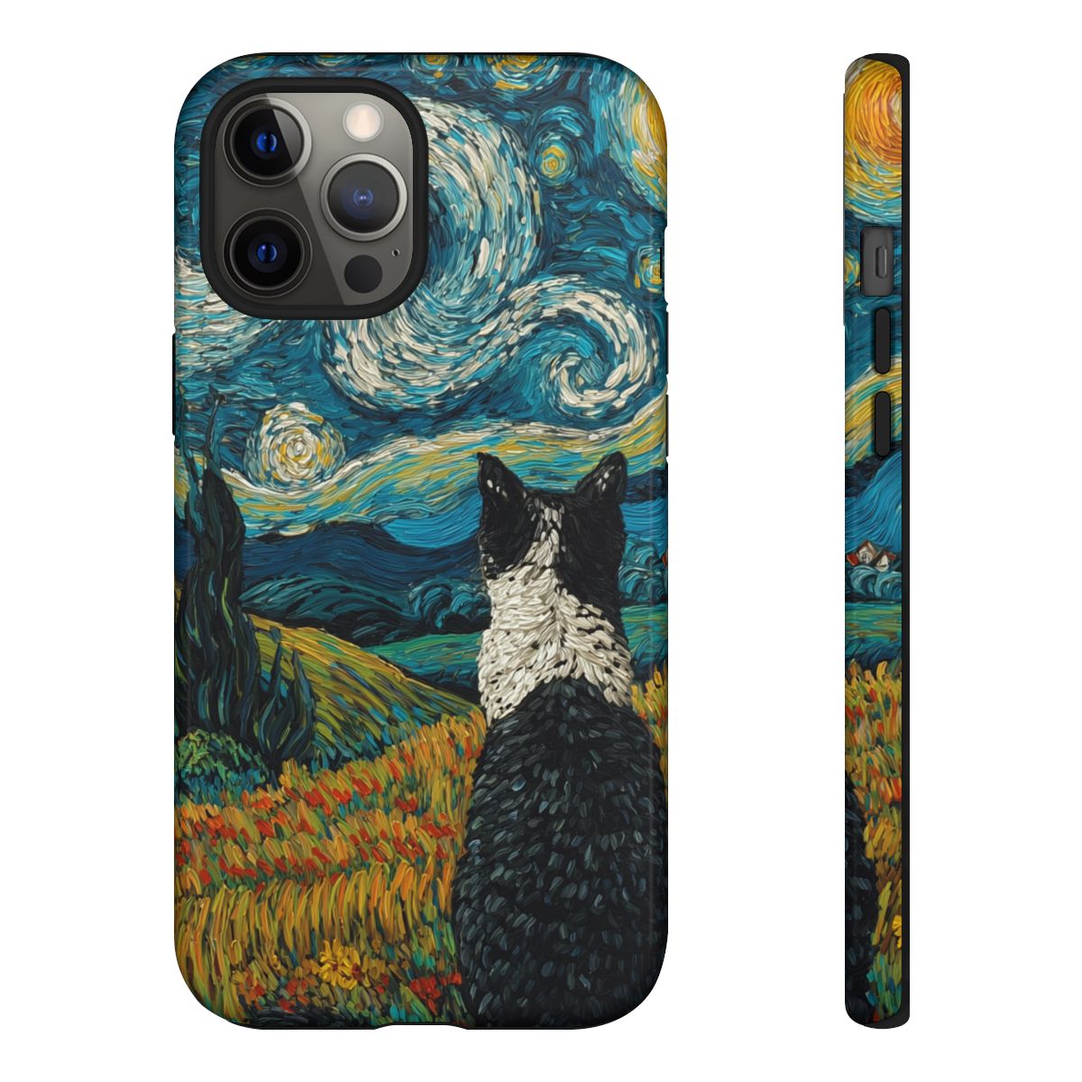 Van Gogh inspired phone cover with a textured tuxedo cat silhouette and a glowing yellow crescent moon.
