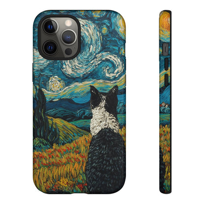 Van Gogh inspired phone cover with a textured tuxedo cat silhouette and a glowing yellow crescent moon.