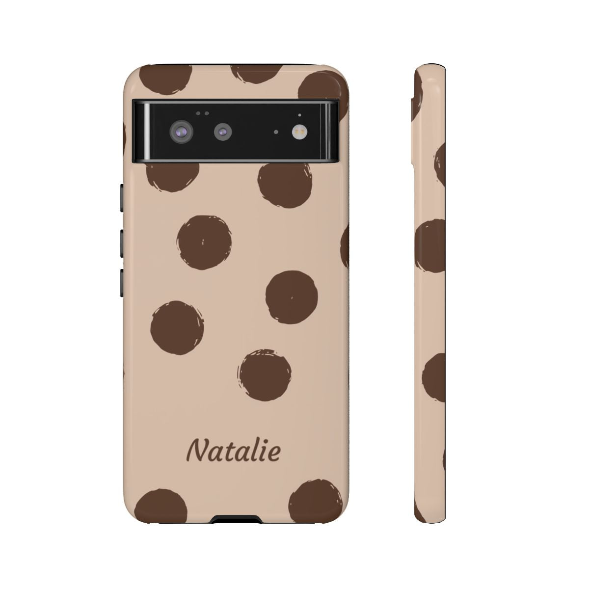 Personalized Brown Polka Dot Phone Case – Custom Name Neutral Boho Aesthetic