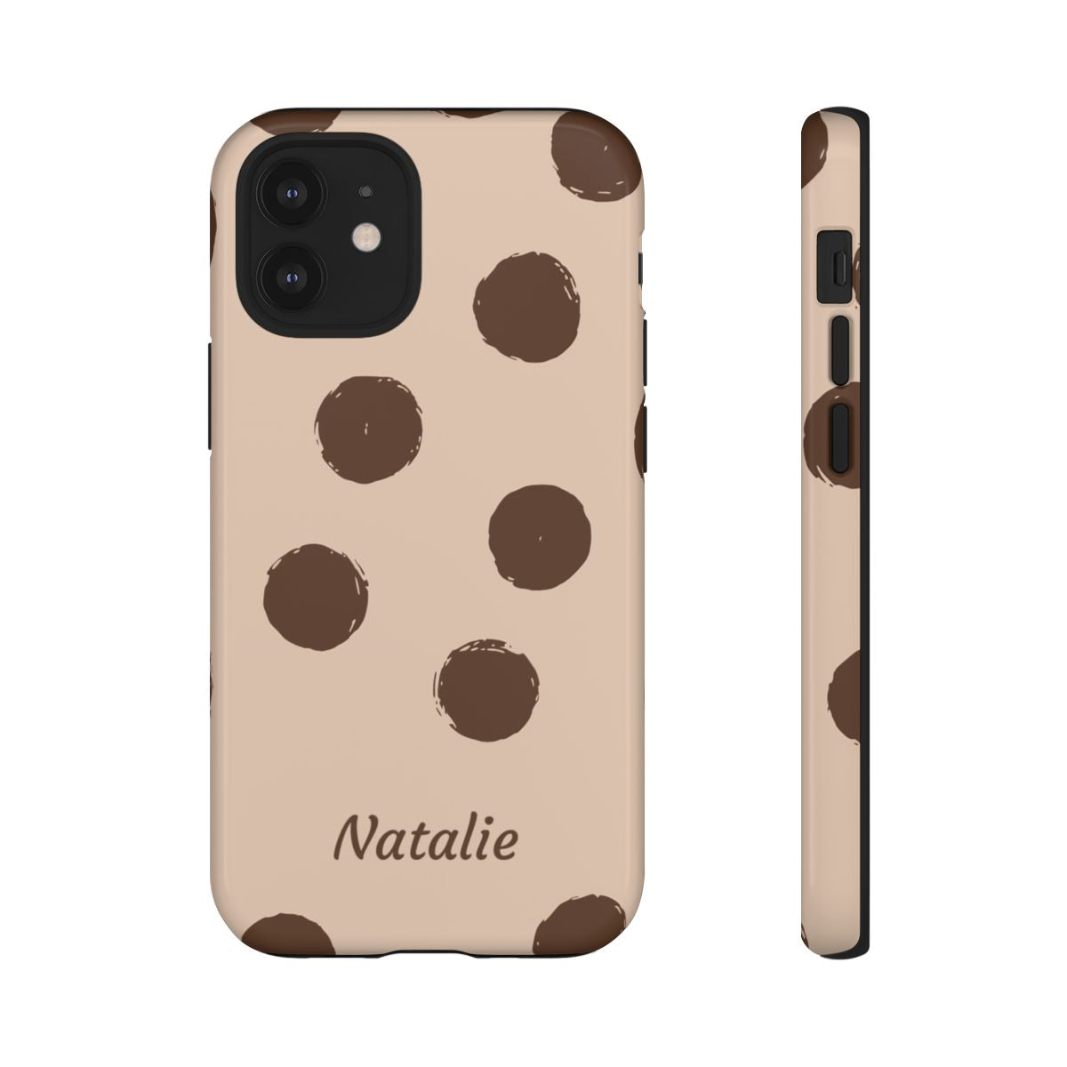 Personalized Brown Polka Dot Phone Case – Custom Name Neutral Boho Aesthetic