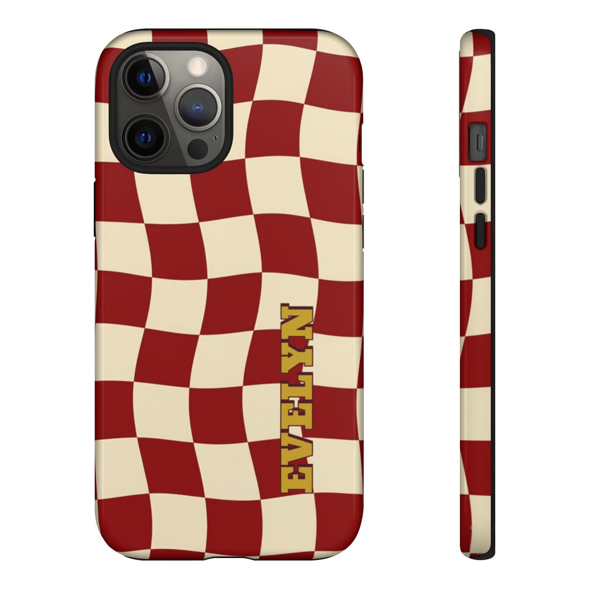 Personalized Burgundy Checkered Phone Case – Custom Name Wavy Retro Aesthetic
