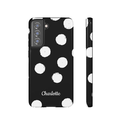 Personalized Black Polka Dot Phone Case – Custom Name Bold Monochrome Aesthetic
