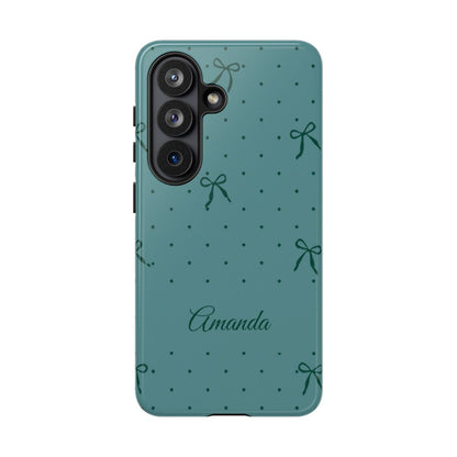 Personalized Teal Bow Phone Case – Custom Name Coquette Polka Dot Aesthetic