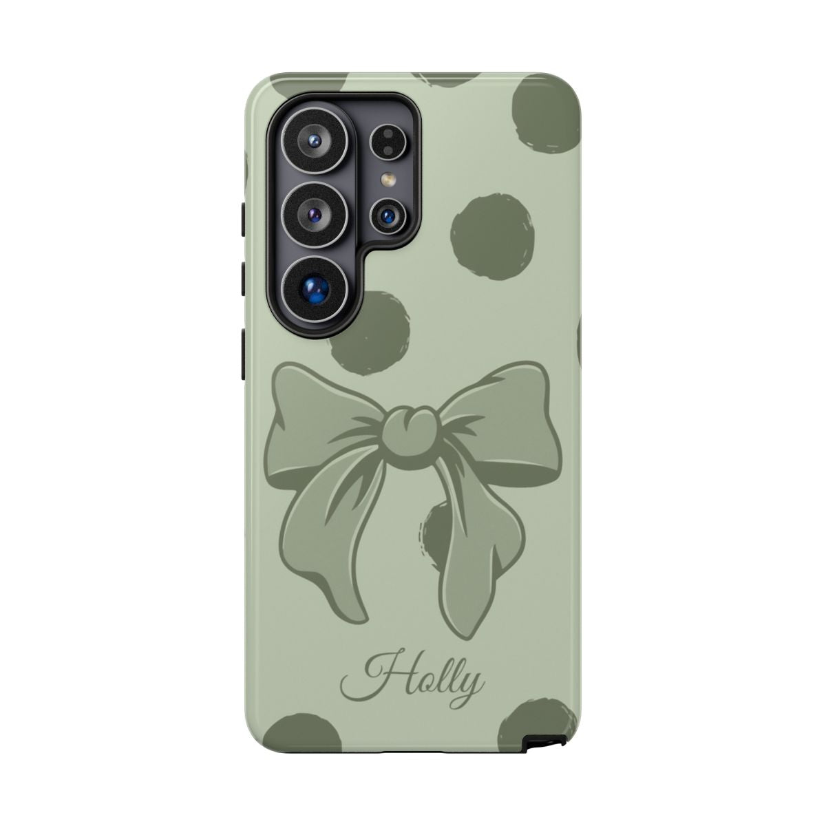Personalized Sage Green Polka Dot Bow Phone Case – Custom Name Coquette Aesthetic