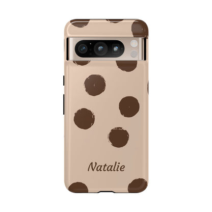 Personalized Brown Polka Dot Phone Case – Custom Name Neutral Boho Aesthetic