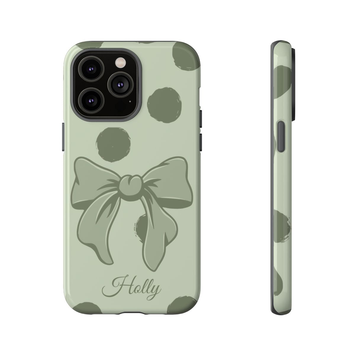 Personalized Sage Green Polka Dot Bow Phone Case – Custom Name Coquette Aesthetic