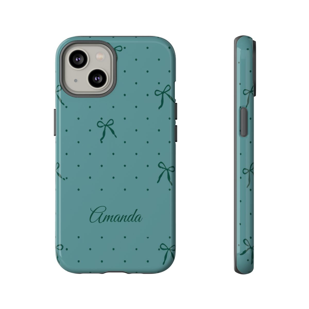 Personalized Teal Bow Phone Case – Custom Name Coquette Polka Dot Aesthetic