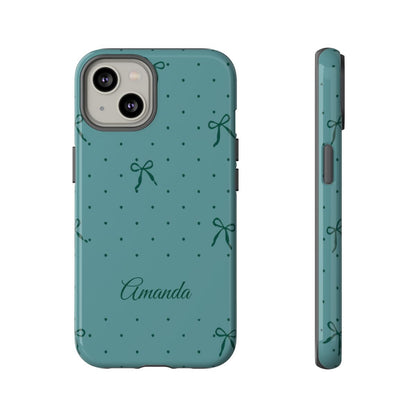 Personalized Teal Bow Phone Case – Custom Name Coquette Polka Dot Aesthetic