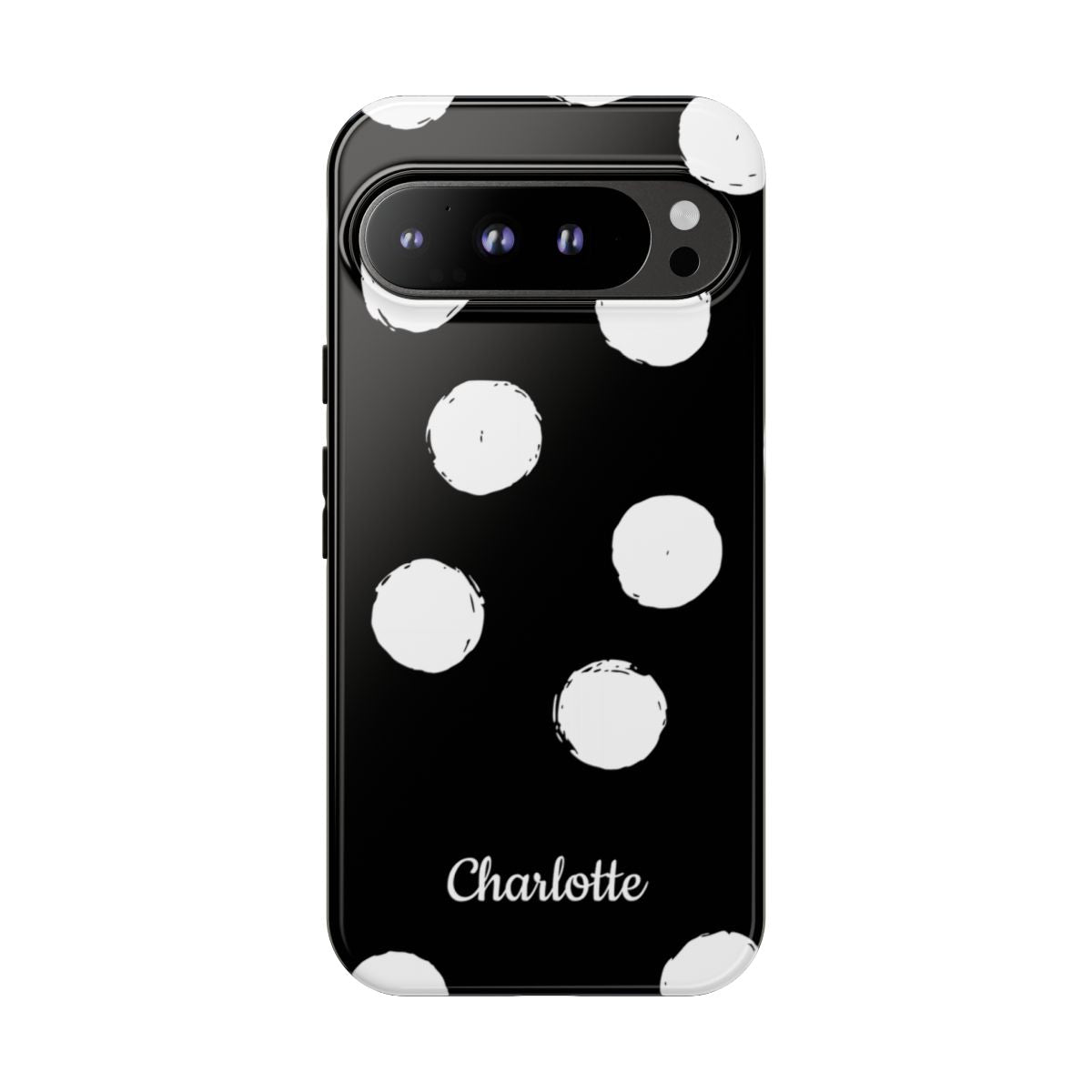 Personalized Black Polka Dot Phone Case – Custom Name Bold Monochrome Aesthetic