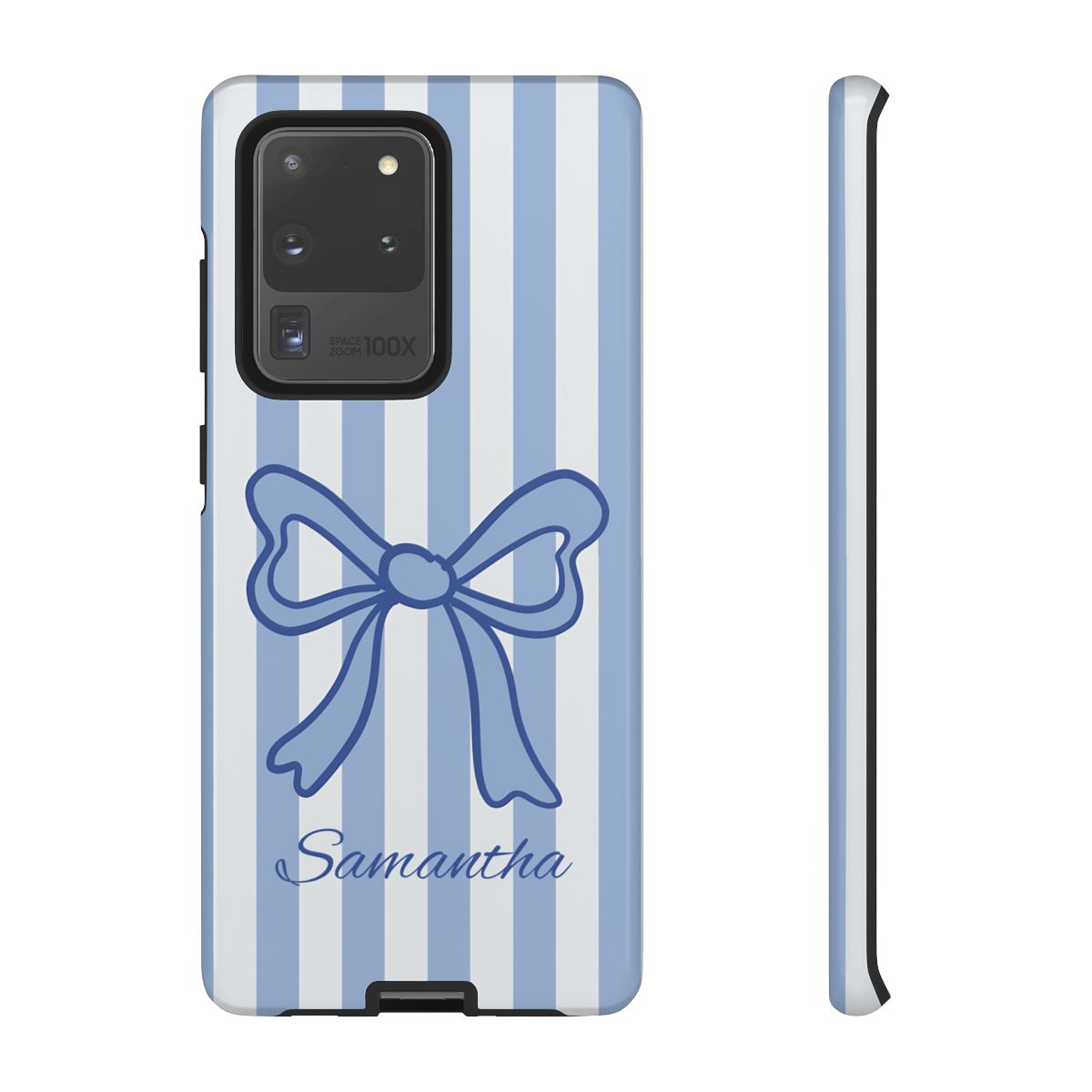 Personalized Coquette Bow Phone Case – Blue Striped Preppy Ribbon Aesthetic