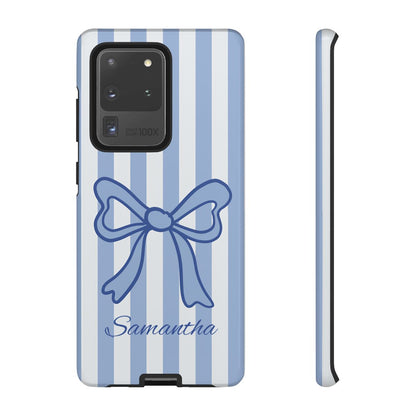 Personalized Coquette Bow Phone Case – Blue Striped Preppy Ribbon Aesthetic