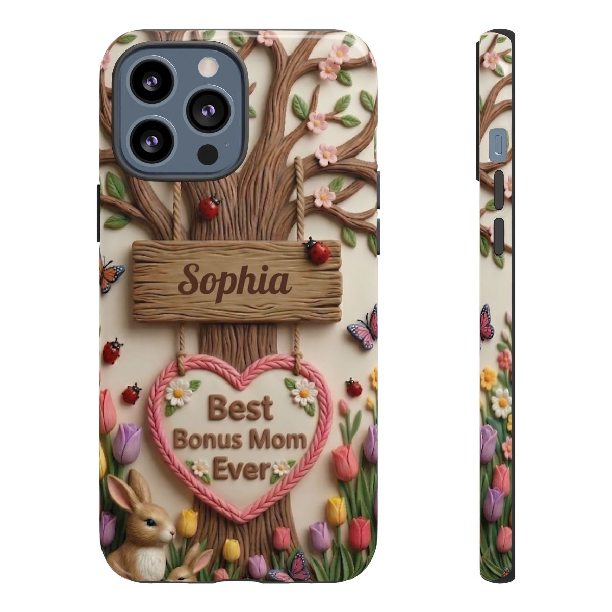 Personalized Bonus Mom Phone Case – Custom Name Clay Spring Garden Aesthetic