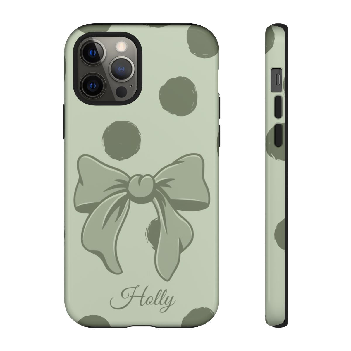 Personalized Sage Green Polka Dot Bow Phone Case – Custom Name Coquette Aesthetic