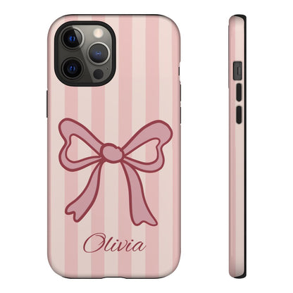 Personalized Pink Bow Phone Case – Soft Pastel Striped Coquette Aesthetic