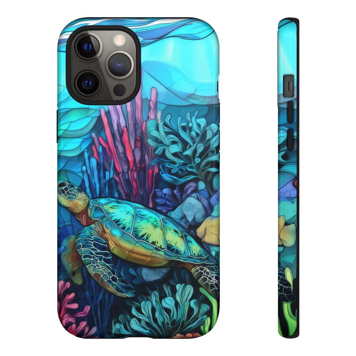 Stained Glass Turtle Phone Case – Coastal Blue Ocean Mosaic Aesthetic