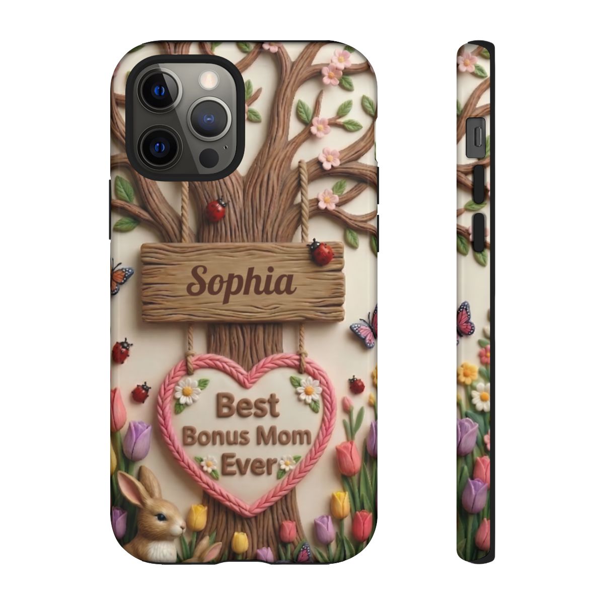 Personalized Bonus Mom Phone Case – Custom Name Clay Spring Garden Aesthetic