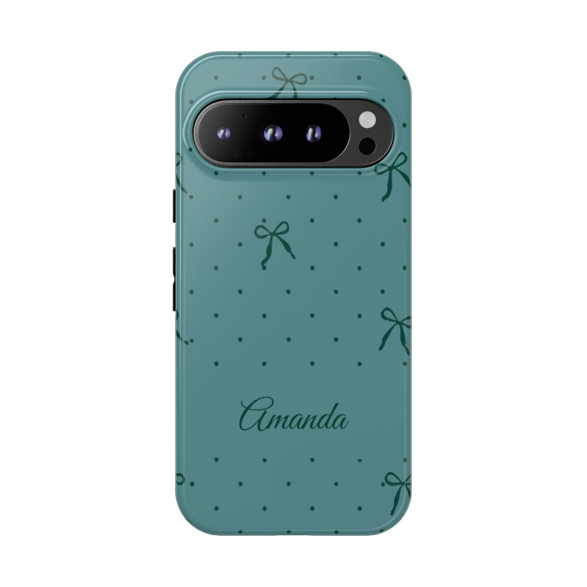Personalized Teal Bow Phone Case – Custom Name Coquette Polka Dot Aesthetic