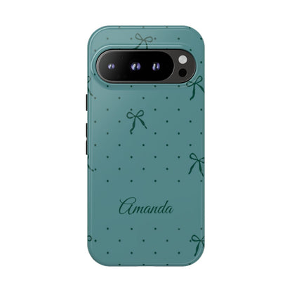 Personalized Teal Bow Phone Case – Custom Name Coquette Polka Dot Aesthetic