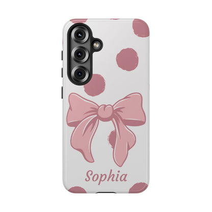Personalized Pink Polka Dot Bow Phone Case – Custom Name Coquette Aesthetic