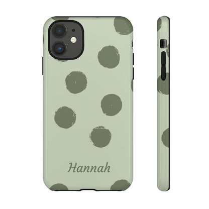 Personalized Sage Green Polka Dot Phone Case – Custom Name Matcha Aesthetic