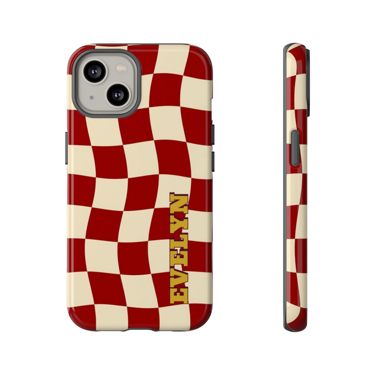 Personalized Burgundy Checkered Phone Case – Custom Name Wavy Retro Aesthetic