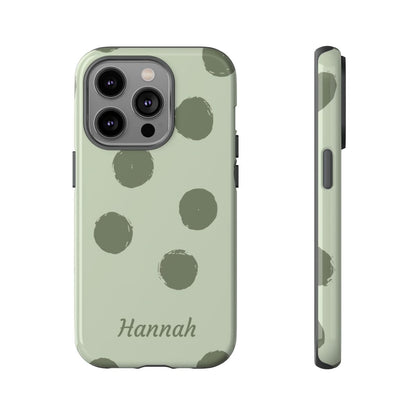 Personalized Sage Green Polka Dot Phone Case – Custom Name Matcha Aesthetic