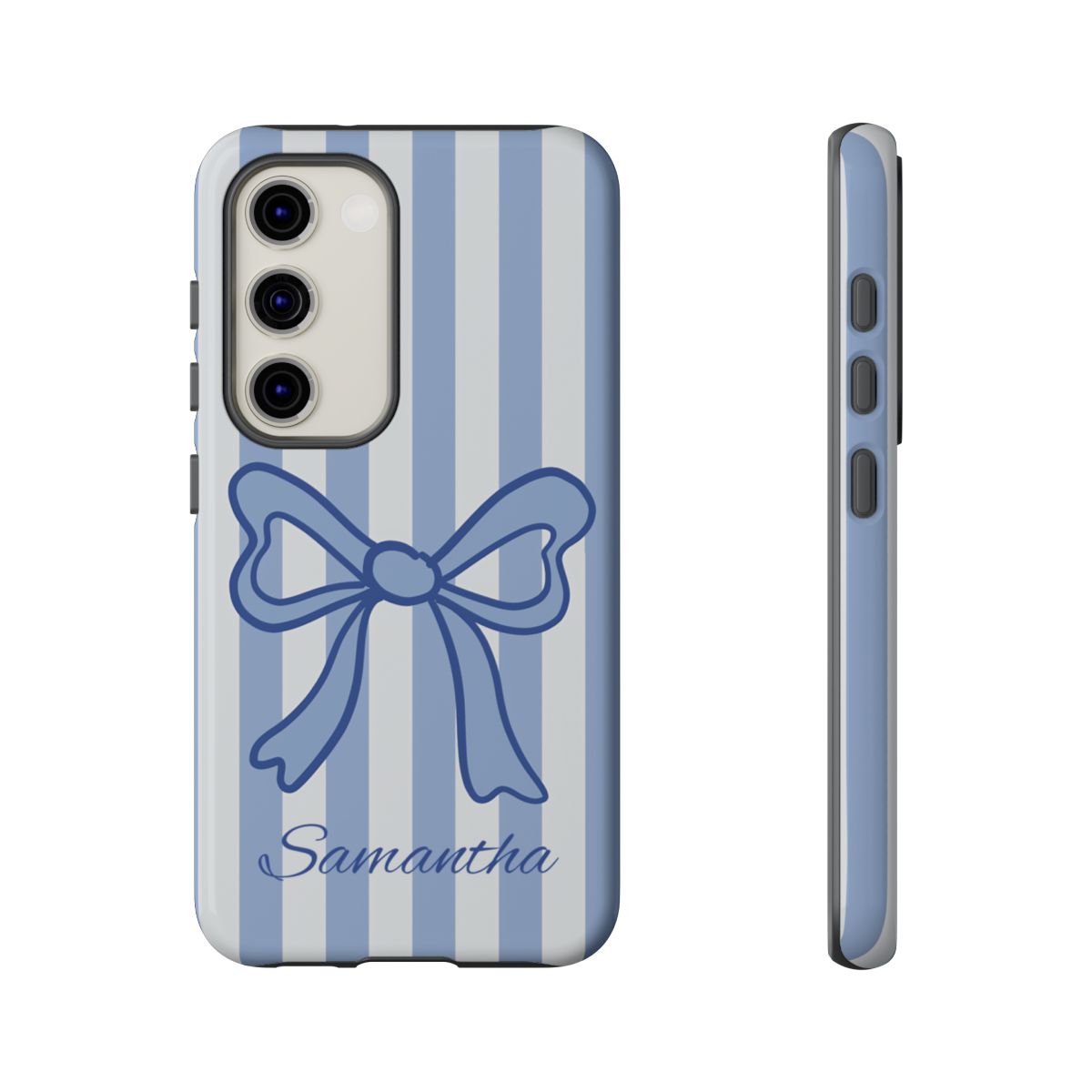 Personalized Coquette Bow Phone Case – Blue Striped Preppy Ribbon Aesthetic