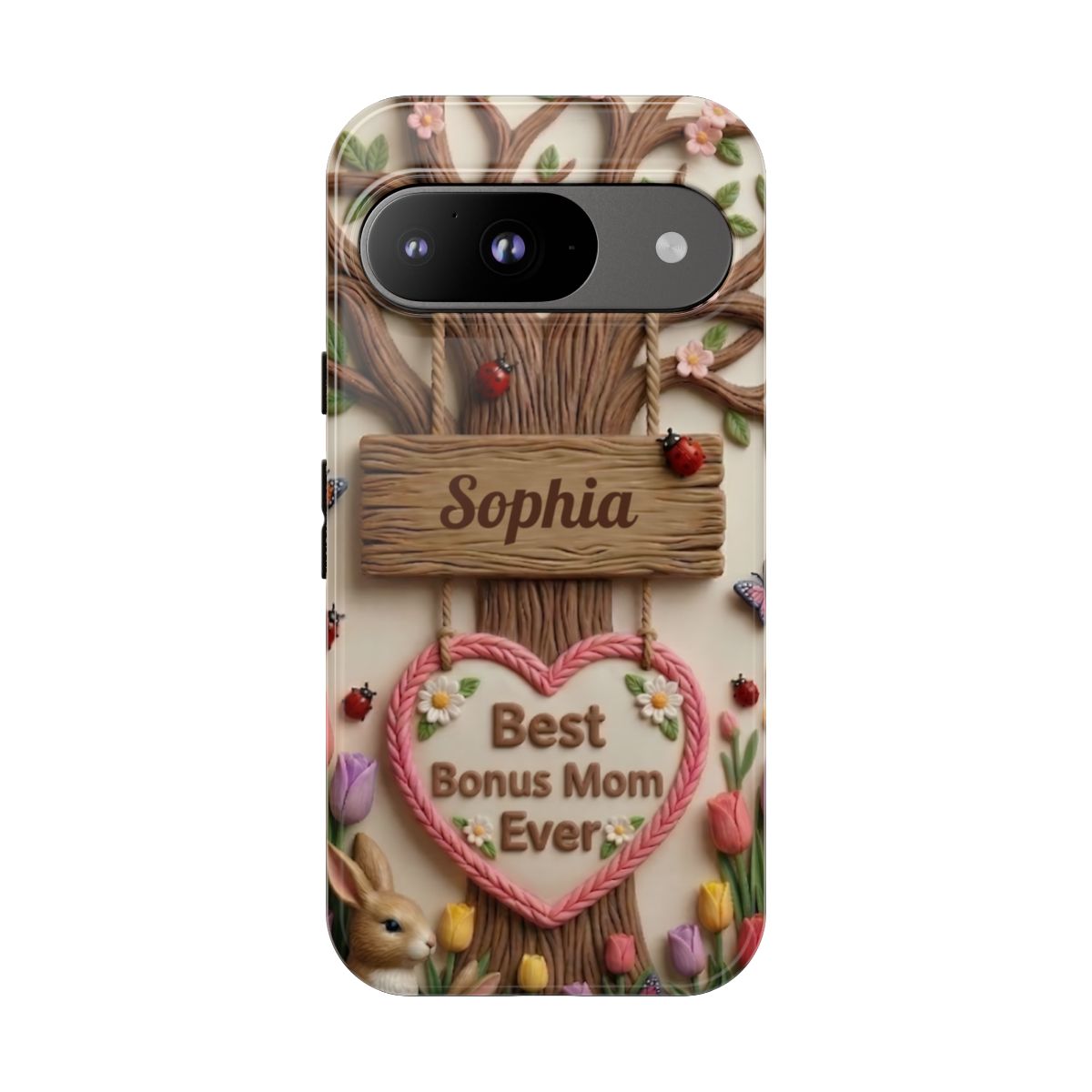 Personalized Bonus Mom Phone Case – Custom Name Clay Spring Garden Aesthetic