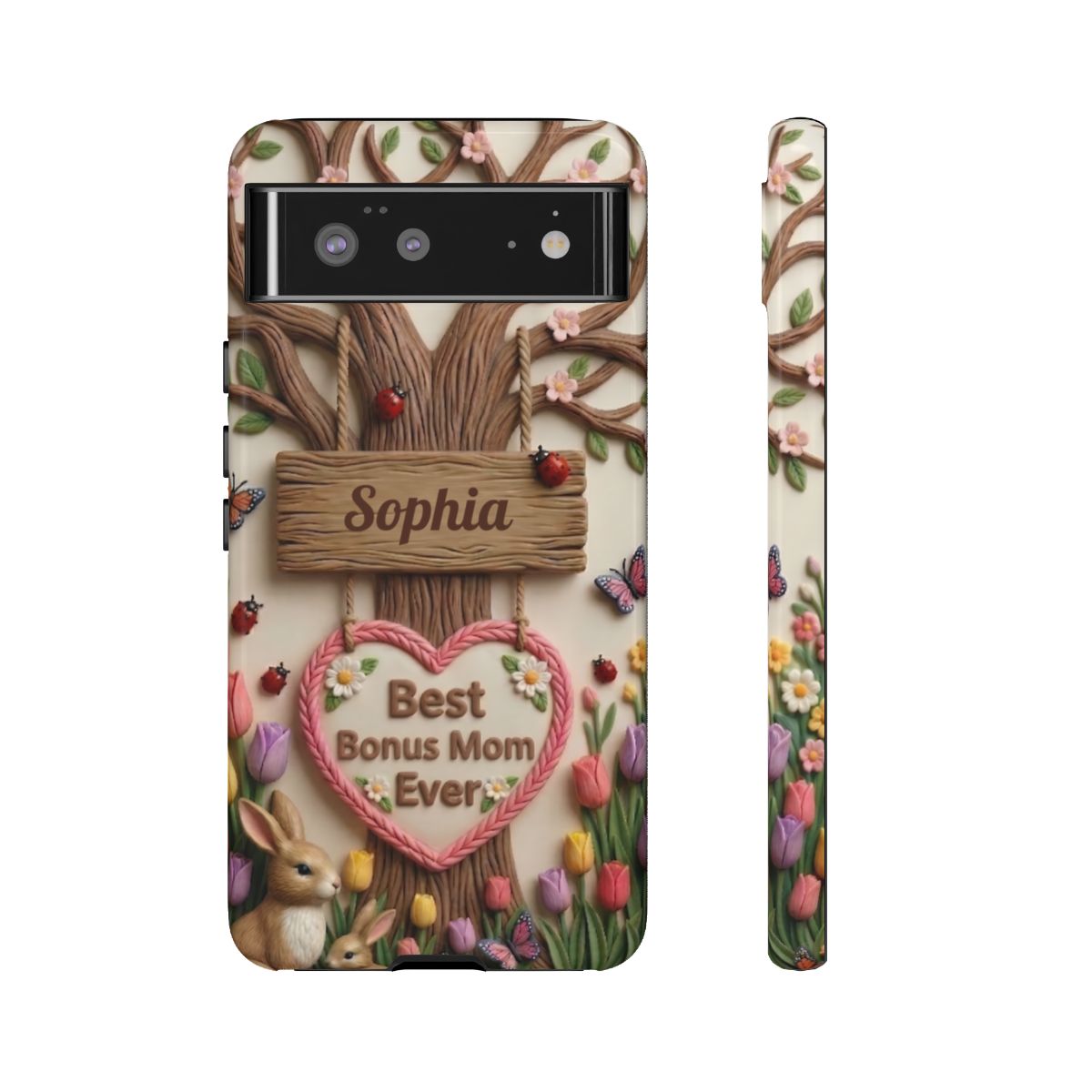 Personalized Bonus Mom Phone Case – Custom Name Clay Spring Garden Aesthetic