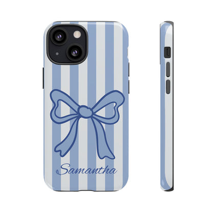 Personalized Coquette Bow Phone Case – Blue Striped Preppy Ribbon Aesthetic