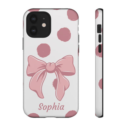 Personalized Pink Polka Dot Bow Phone Case – Custom Name Coquette Aesthetic