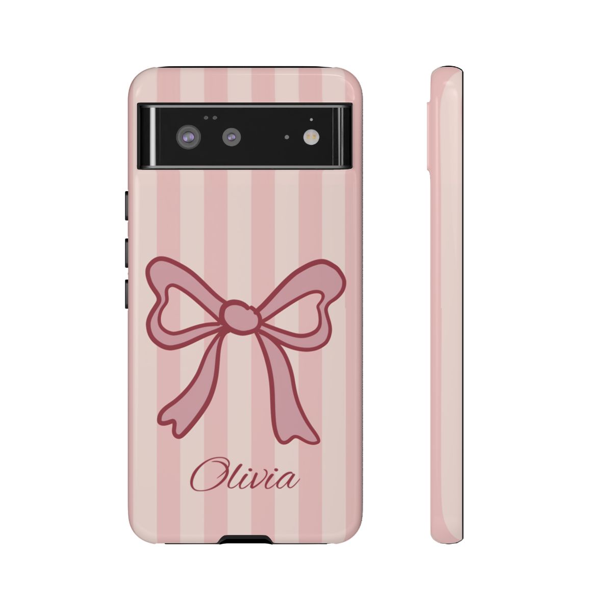Personalized Pink Bow Phone Case – Soft Pastel Striped Coquette Aesthetic