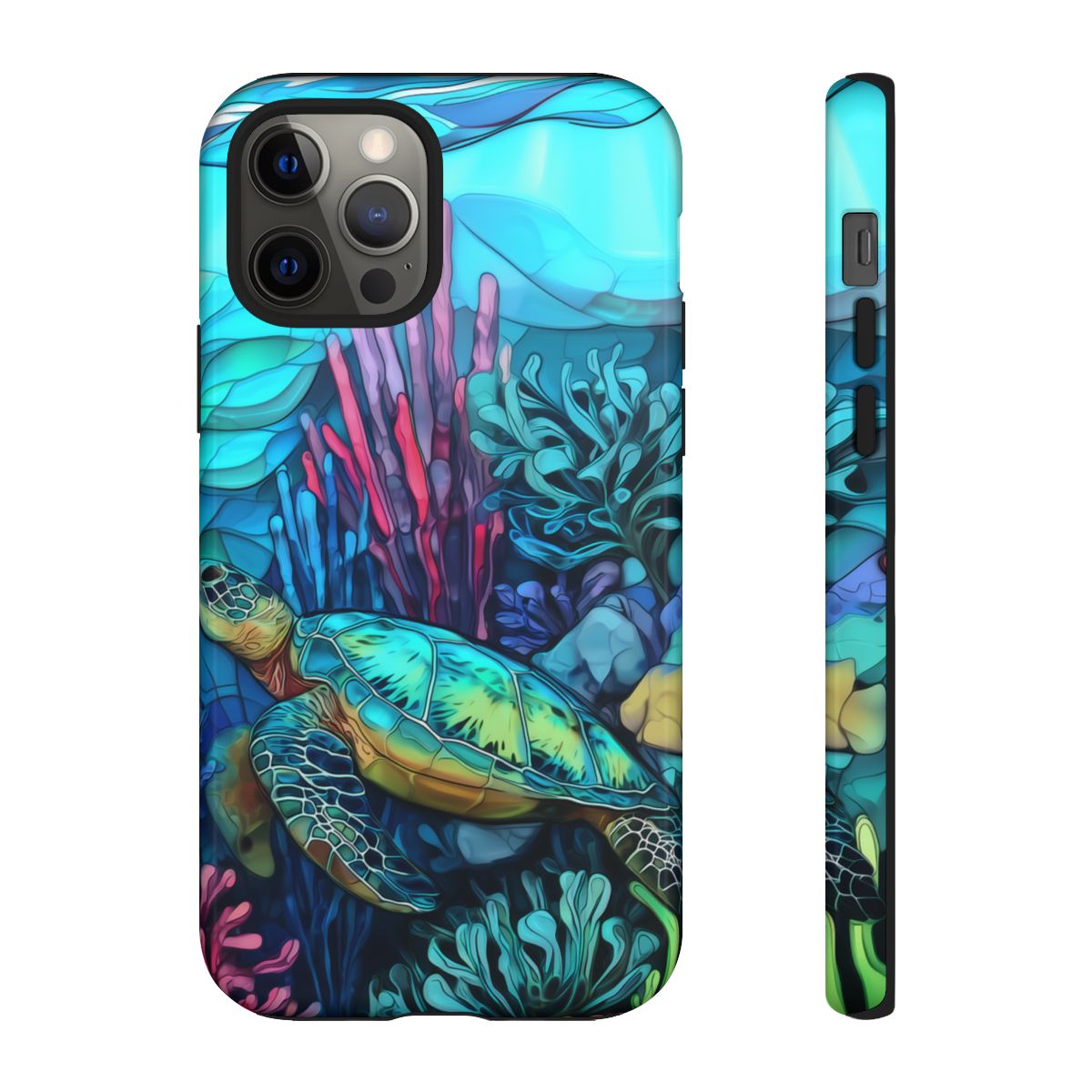 Stained Glass Turtle Phone Case – Coastal Blue Ocean Mosaic Aesthetic