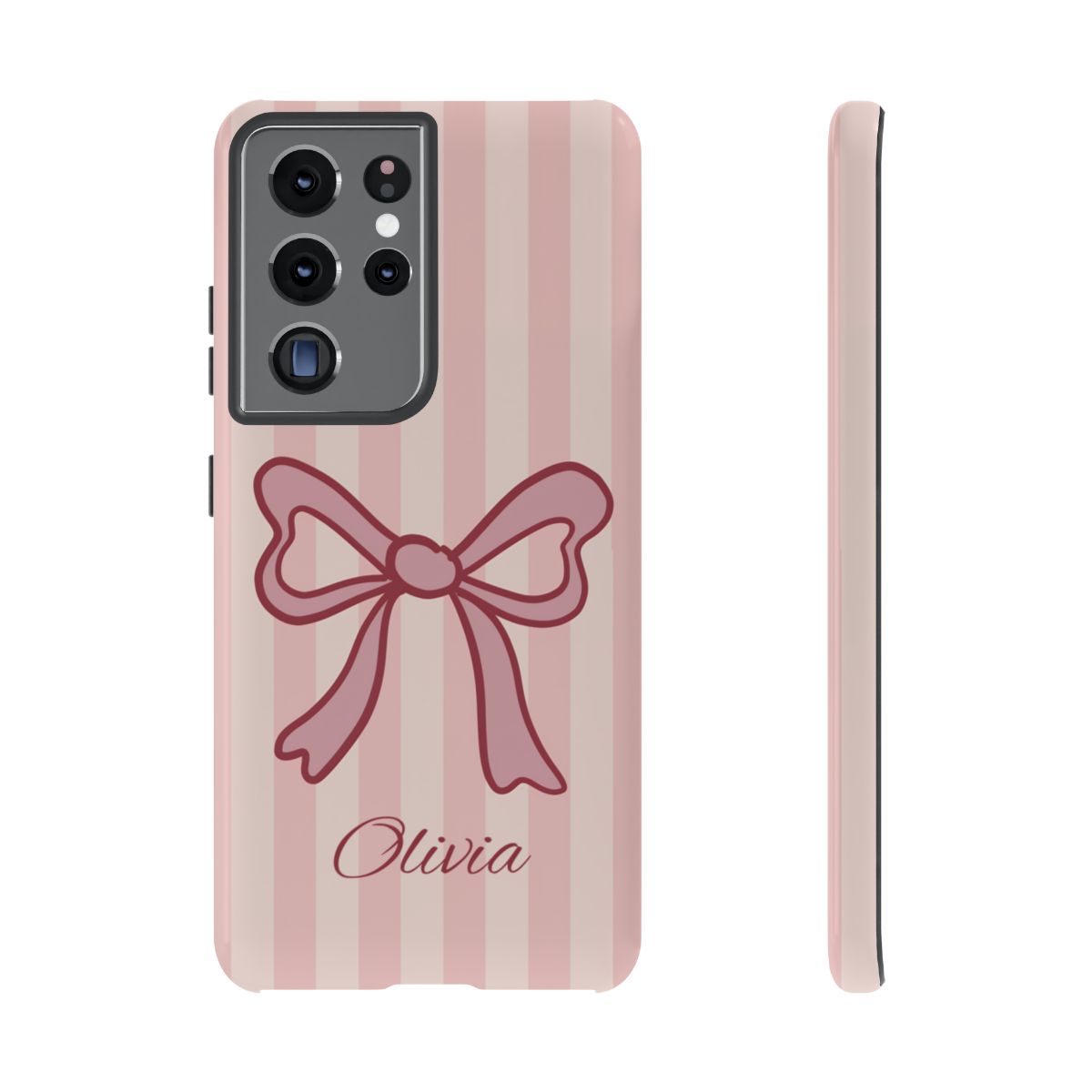 Personalized Pink Bow Phone Case – Soft Pastel Striped Coquette Aesthetic