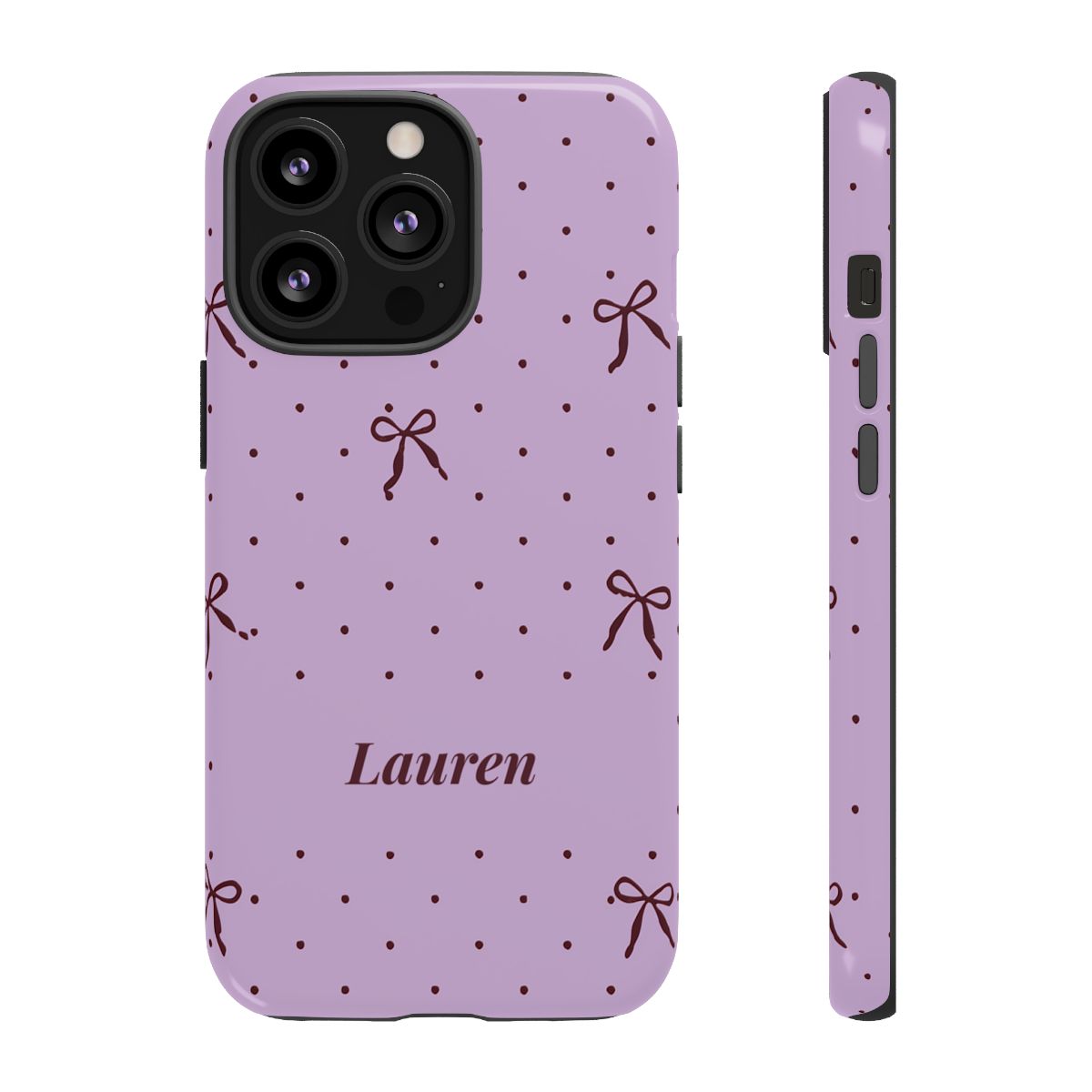 Personalized Lavender Bow Phone Case – Custom Name Polka Dot Coquette Aesthetic