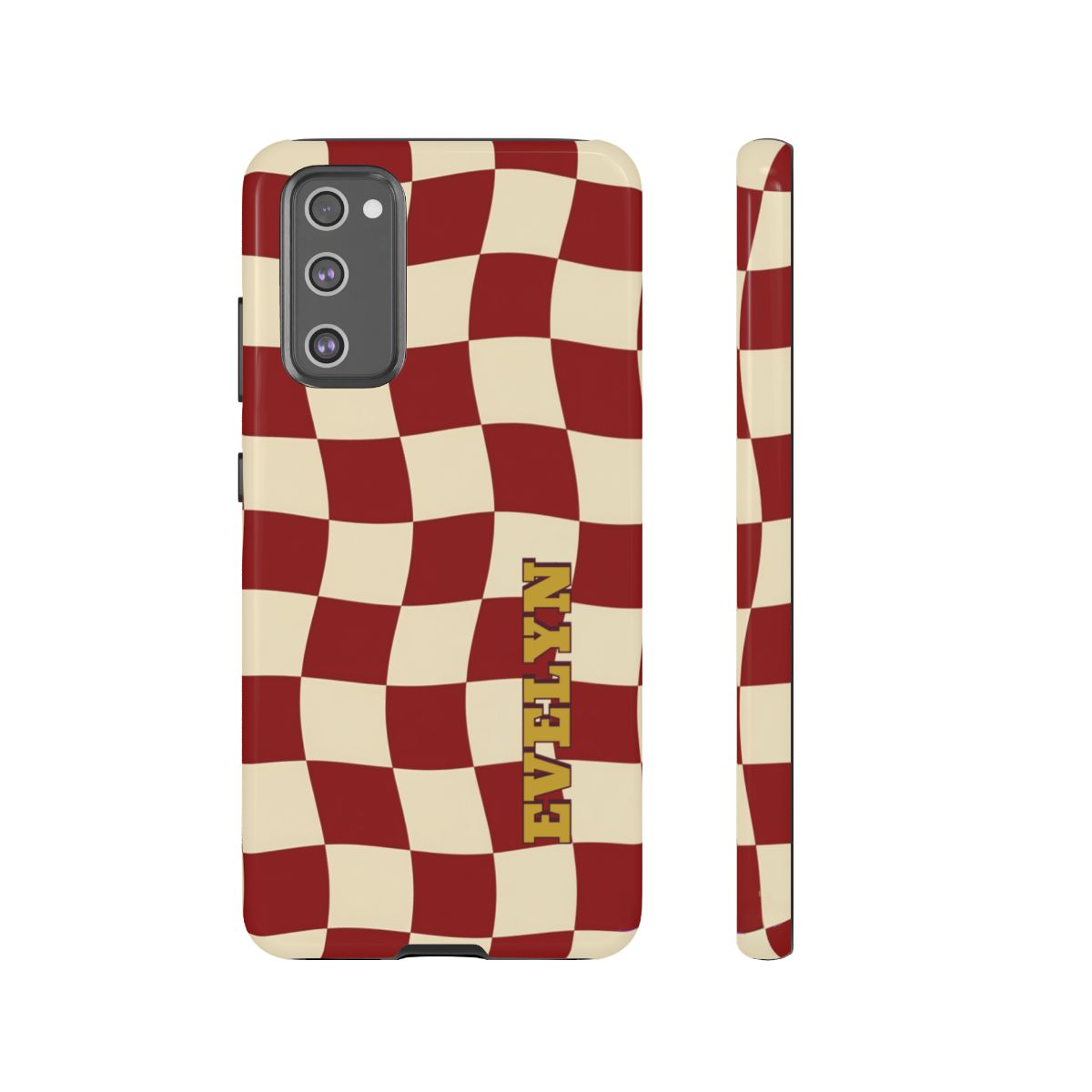 Personalized Burgundy Checkered Phone Case – Custom Name Wavy Retro Aesthetic