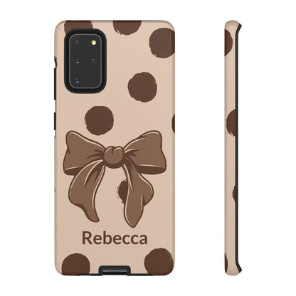 Personalized Brown Polka Dot Bow Phone Case – Custom Name Coquette Retro Aesthetic