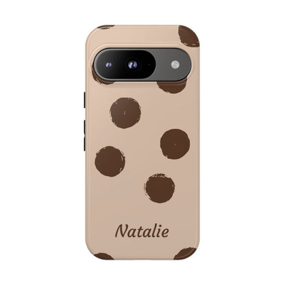 Personalized Brown Polka Dot Phone Case – Custom Name Neutral Boho Aesthetic
