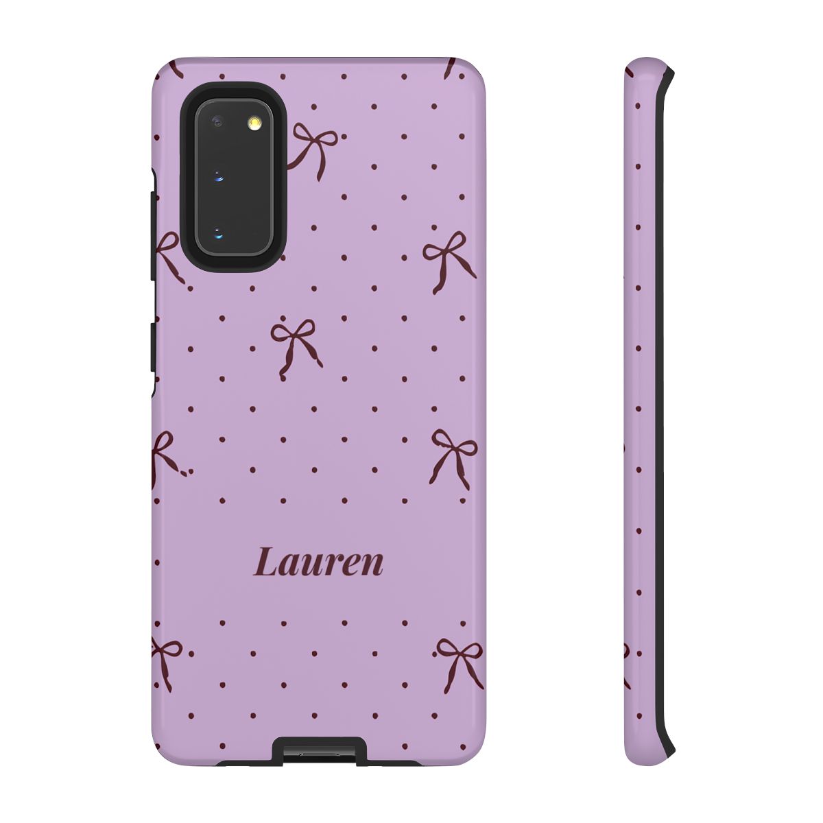 Personalized Lavender Bow Phone Case – Custom Name Polka Dot Coquette Aesthetic