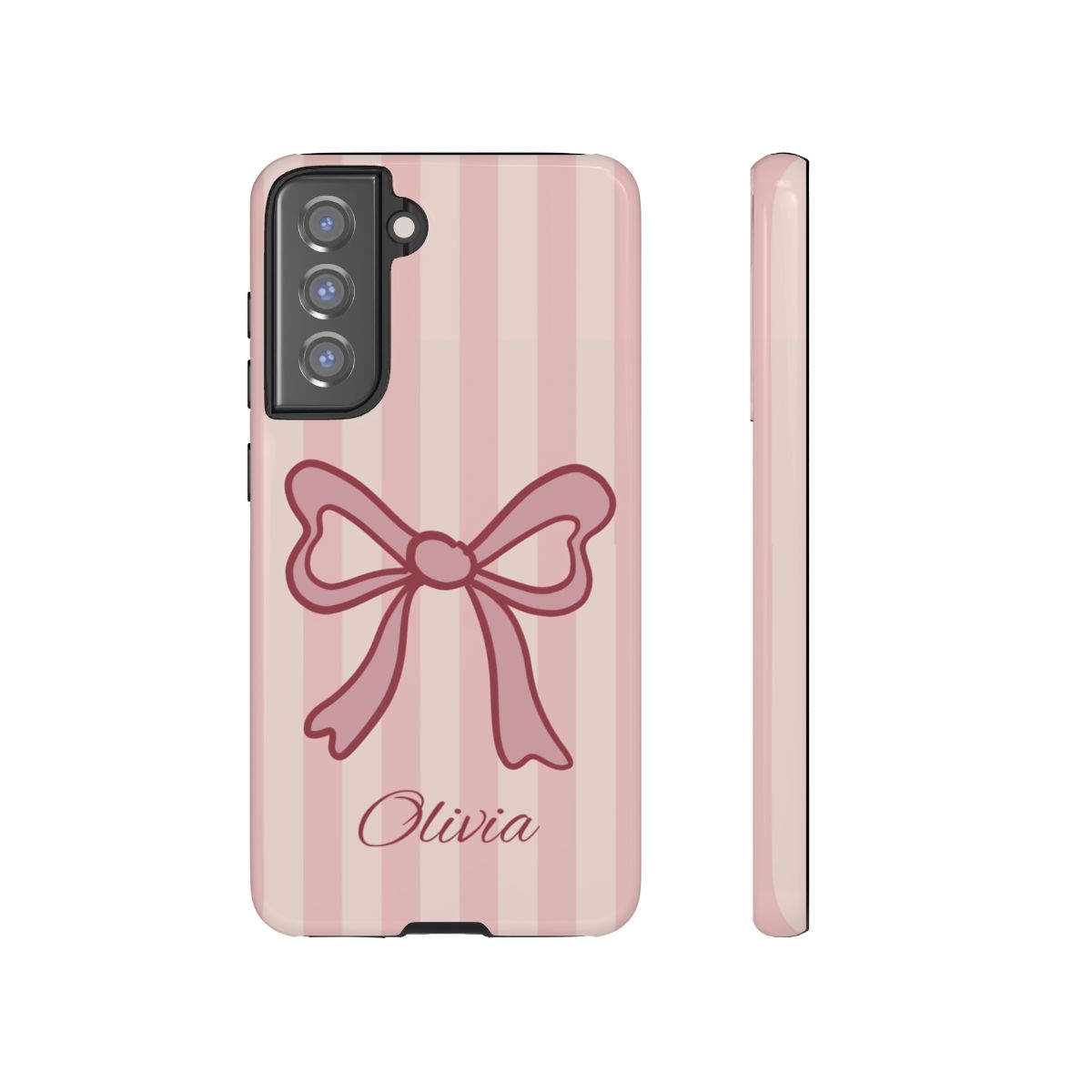 Personalized Pink Bow Phone Case – Soft Pastel Striped Coquette Aesthetic