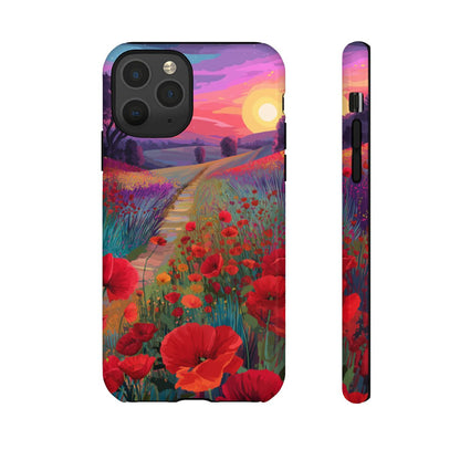 Artistic phone cover with a colorful wildflower meadow and a purple-toned sunset landscape.