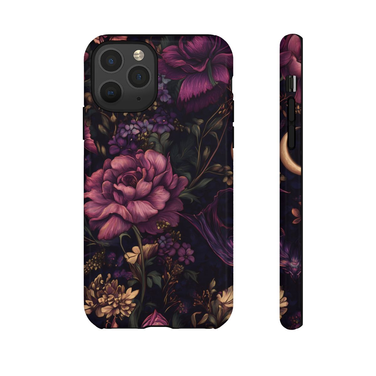 Close-up of a moody floral phone case design with rich textures and elegant vintage-style flowers.