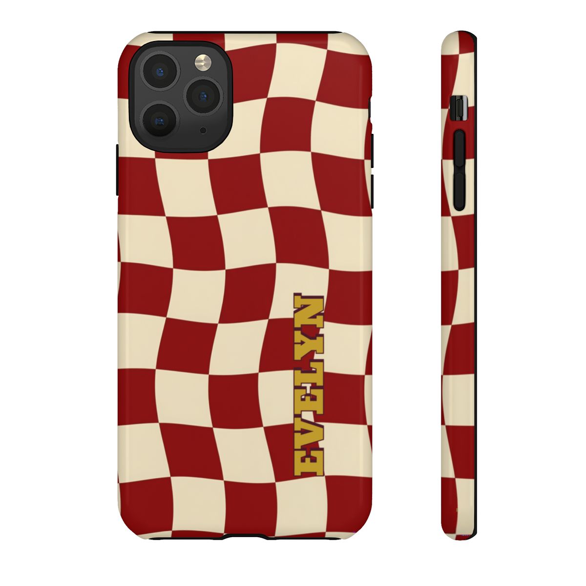 Personalized Burgundy Checkered Phone Case – Custom Name Wavy Retro Aesthetic