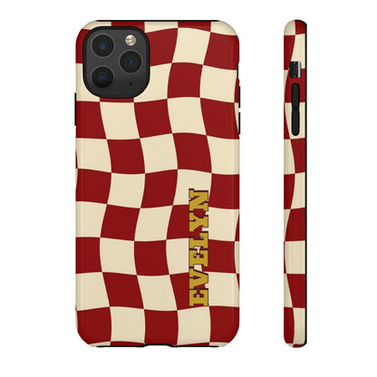 Personalized Burgundy Checkered Phone Case – Custom Name Wavy Retro Aesthetic