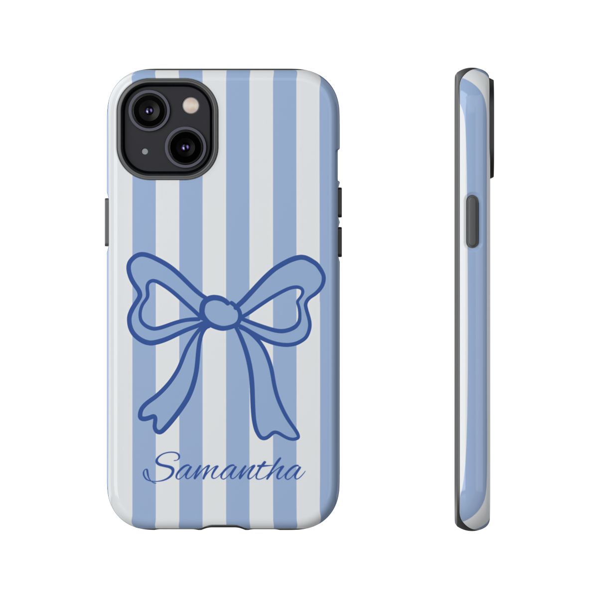 Personalized Coquette Bow Phone Case – Blue Striped Preppy Ribbon Aesthetic