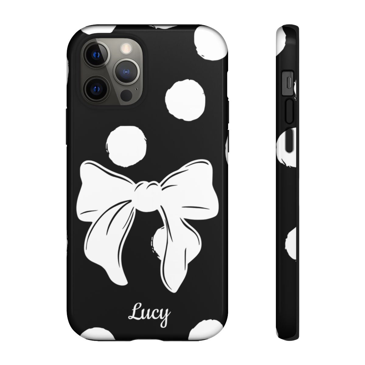 Personalized Black Polka Dot Bow Phone Case – Custom Name Coquette Retro Aesthetic