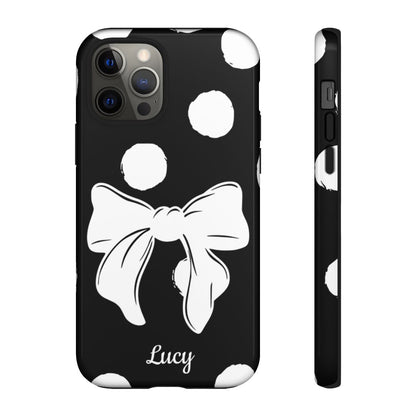 Personalized Black Polka Dot Bow Phone Case – Custom Name Coquette Retro Aesthetic