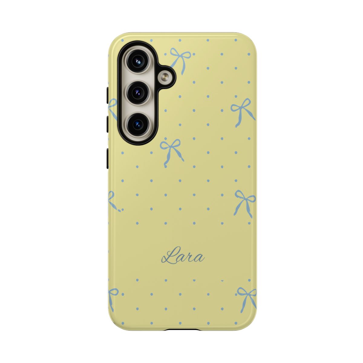 Personalized Yellow Bow Phone Case – Custom Name Blue Polka Dot Aesthetic