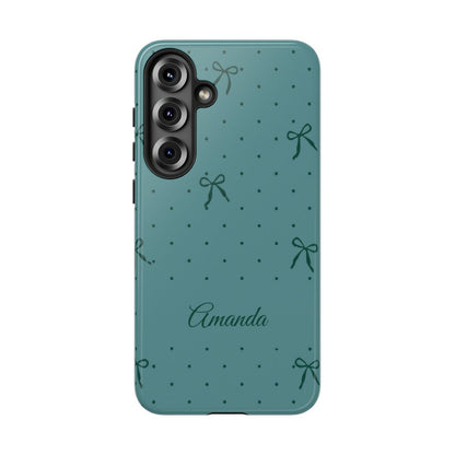 Personalized Teal Bow Phone Case – Custom Name Coquette Polka Dot Aesthetic